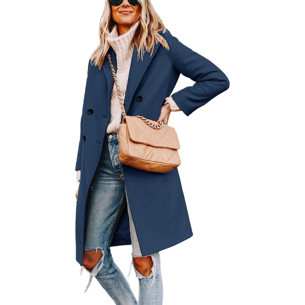 ✨LNKQA Women Blue Notch Lapel Double Breasted Pea Coat Mid Long Trench Overcoat